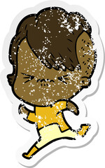distressed sticker of a cartoon annoyed hipster girl