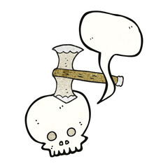 speech bubble textured cartoon axe in skull