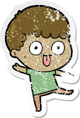 distressed sticker of a cartoon dumb kid