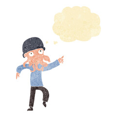 cartoon alien man dancing with thought bubble