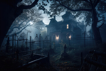 Spooky haunted mansion with graveyard in foreground created with AI - obrazy, fototapety, plakaty