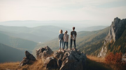 Family on the top of a mountain enjoying the view. Generative AI