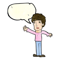 cartoon worried man reaching out with thought bubble