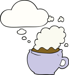 cartoon hot cup of coffee and thought bubble