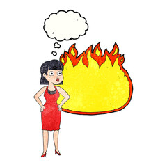 thought bubble textured cartoon woman in dress with hands on hips and flame banner