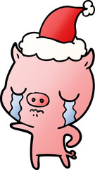 gradient cartoon of a pig crying wearing santa hat