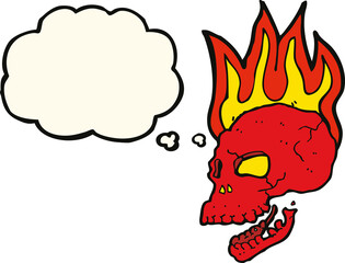 cartoon flaming skull with thought bubble