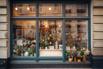 Rustic Flower Shop Windows Displaying Beautiful Blooms - Generative AI - obrazy, fototapety, plakaty
