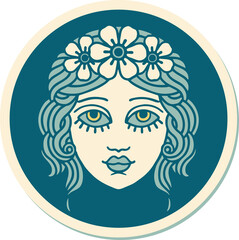 tattoo style sticker of female face with crown of flowers