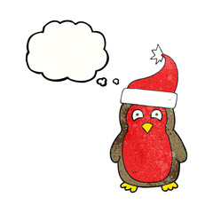 thought bubble textured cartoon christmas robin wearing santa hat