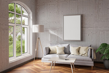 cozy living room interior in a room corner; sunlight shining trough window; floorlamp and couch table with modern laptop; canvas with copy space; home decoration concept; 3D Illustration