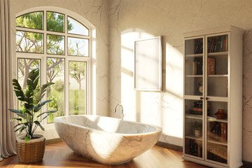 freestanding bath in lightflooded cozy country house bathroom; minimalistic interior design with sheld and canvas; relaxation and spa concept; 3D Illustration
