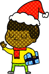 comic book style illustration of a grumpy boy wearing santa hat
