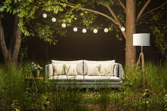 lonely living room couch in large jungle environment; immersion entertainment movie concept; 3D illustration