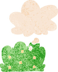 cartoon hedge and thought bubble in retro textured style