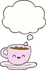 cartoon hot cup of coffee and thought bubble