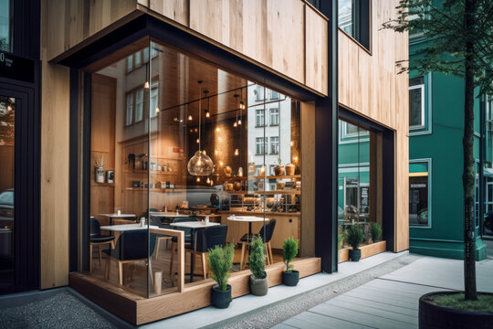 Stylish Contemporary Cafe Facade with Large Windows and Trendy Design - Generative AI