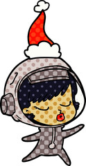 comic book style illustration of a pretty astronaut girl wearing santa hat