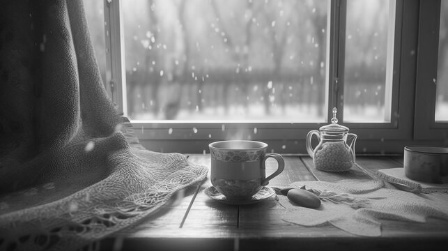 Cozy winter afternoons with a warm cup of coffee, Black and White. Generative AI.