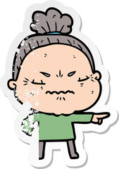 distressed sticker of a cartoon annoyed old lady