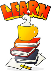 cartoon books and coffee cup under Learn symbol