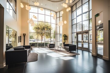 Modern business lobby interior with big windows and luxurious furniture