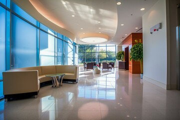 Modern business lobby interior with big windows and luxurious furniture