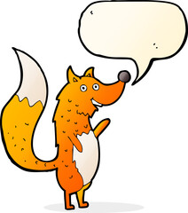 cartoon waving fox with speech bubble
