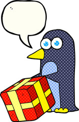 comic book speech bubble cartoon penguin with christmas present