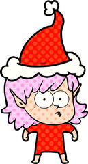 comic book style illustration of a elf girl staring wearing santa hat