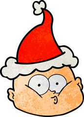 textured cartoon of a curious bald man wearing santa hat