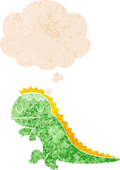 cartoon dinosaur and thought bubble in retro textured style