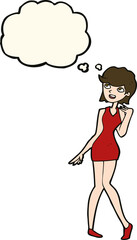 cartoon woman in cocktail dress with thought bubble