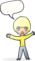 cartoon waving woman with speech bubble