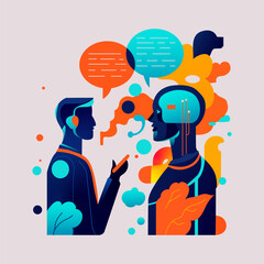 Man communicating with robot. man communicating with artificial intelligence vector illustration