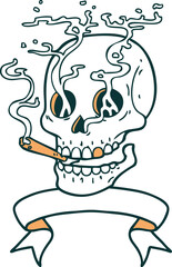tattoo with banner of a skull smoking