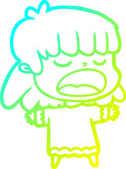 cold gradient line drawing cartoon woman talking loudly