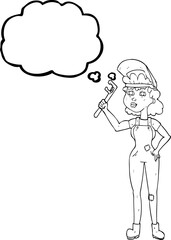 thought bubble cartoon capable woman with wrench