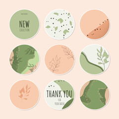 Stickers set for vegan zero waste natural eco products and for handmade organic cosmetics in peach, green and brown hews. Can be used for packaging, advertising and promotion in banner, flyer, poster