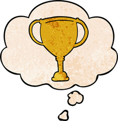cartoon sports trophy and thought bubble in grunge texture pattern style