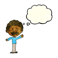 cartoon man with mustache waving with thought bubble