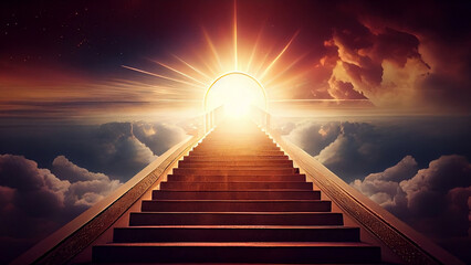 Stair steps leading to the light in the sky. Generative AI