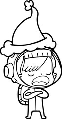 line drawing of a astronaut woman explaining wearing santa hat