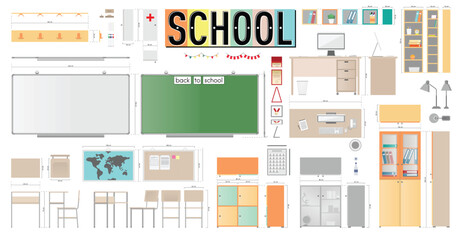 School Classroom Vector Set with Top, Front, Side Views and Elevations of Furniture and Items. For Interior Architectural Plan and Elevation Drawing Usage