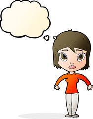 cartoon woman shrugging shoulders with thought bubble