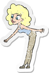 retro distressed sticker of a cartoon woman reaching to pick something up