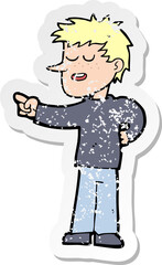retro distressed sticker of a cartoon man pointing
