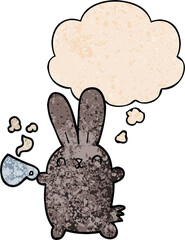 cute cartoon rabbit with coffee cup and thought bubble in grunge texture pattern style