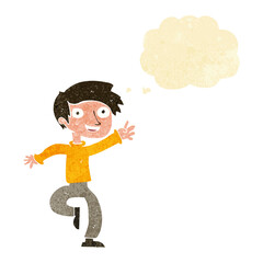 cartoon excited boy dancing with thought bubble