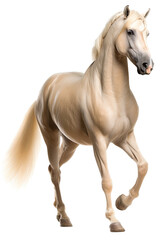 Obraz na płótnie Canvas an equestrian-themed photographic illustration of a Palomino horse rearing and running on a transparent background in PNG. T-shirt design. Generative AI